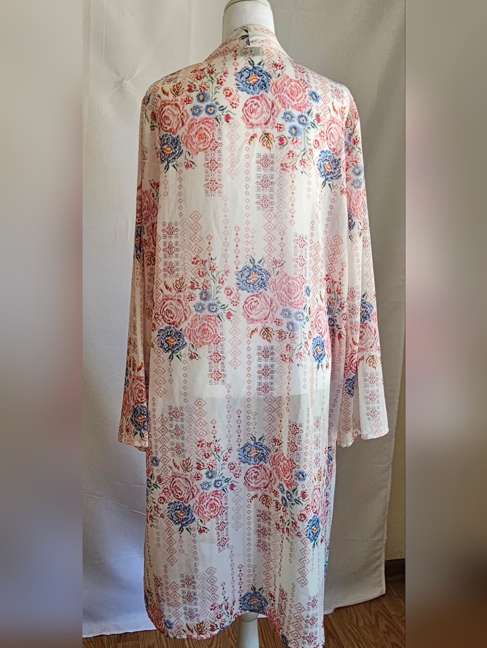 JORJA Floral Kimono Cardigan Duster XL White Pink Blue Open Front Lightweight - Picture 3 of 11